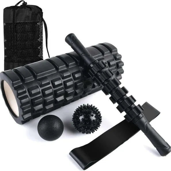 33cm black fitness foam roller with six-piece construction for muscle massage