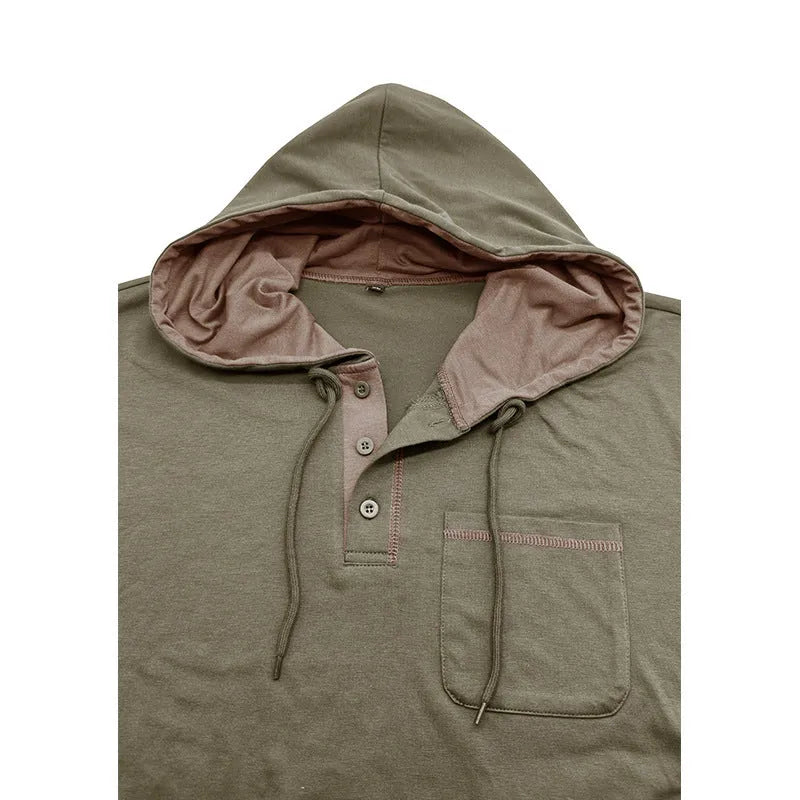 Men's long-sleeved hooded Henley shirt in wine red, showing pullover style and Hoodie neckline