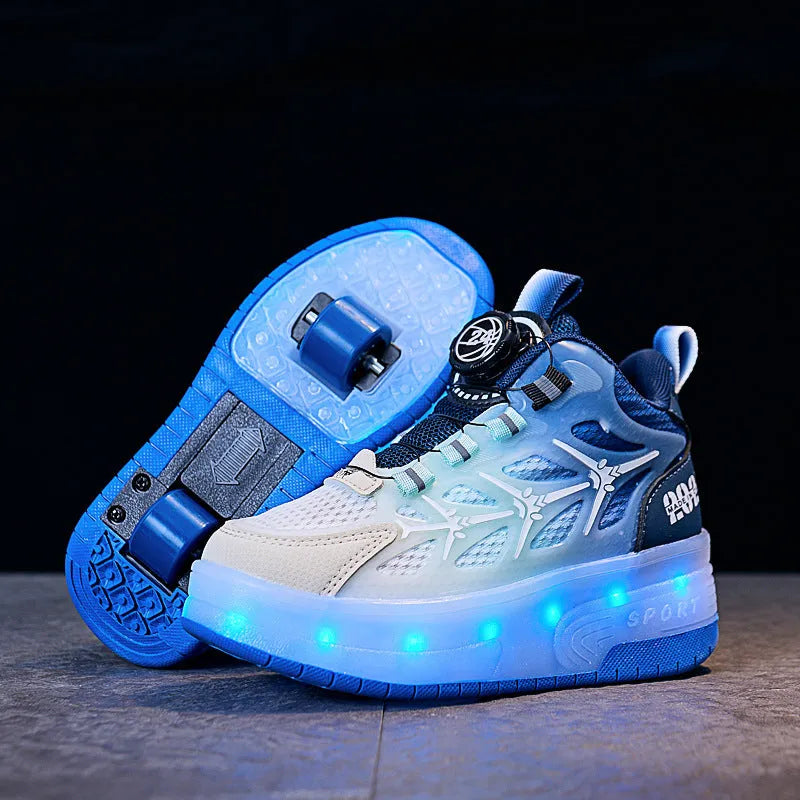 Children's blue, black, and pink striped roller skates with twist-button fastening on a PVC sole.