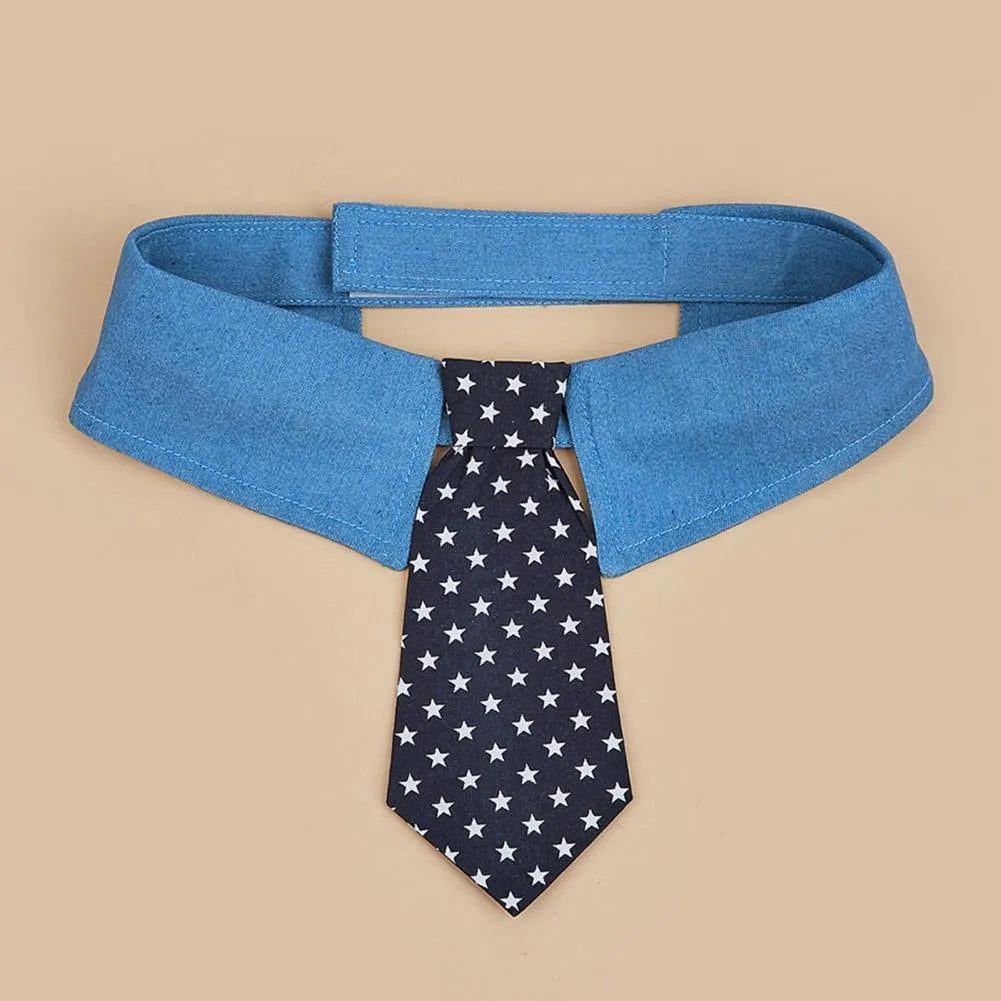Adjustable denim star pattern dog collar with fastener tape on white background for weddings and formal events