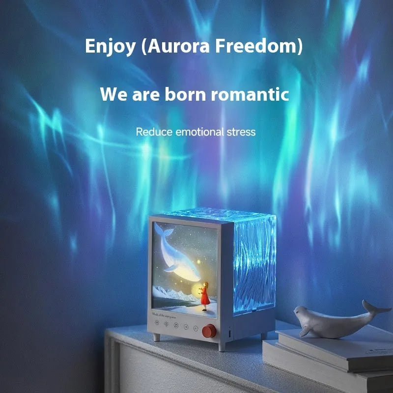 Aurora Treasure Box atmosphere projection lamp with Star Sea Whale light and Bluetooth speaker, showing dimensions.