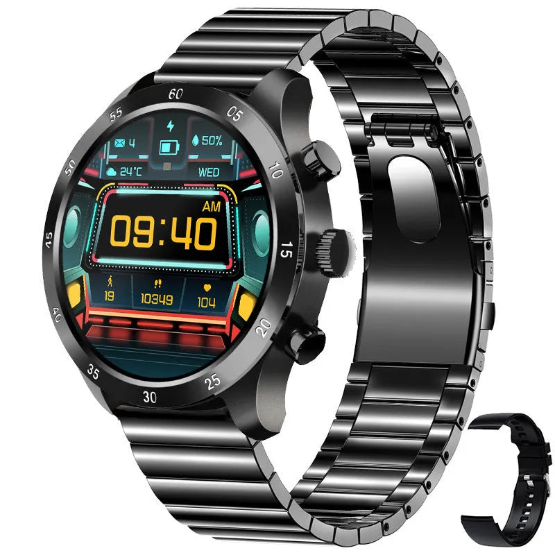 Black Bluetooth smartwatch with steel strap showing call interface and health metrics on screen.