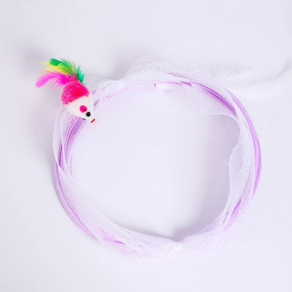 Steel frame cat tunnel toy with colourful feather attachments inside elastic net channel