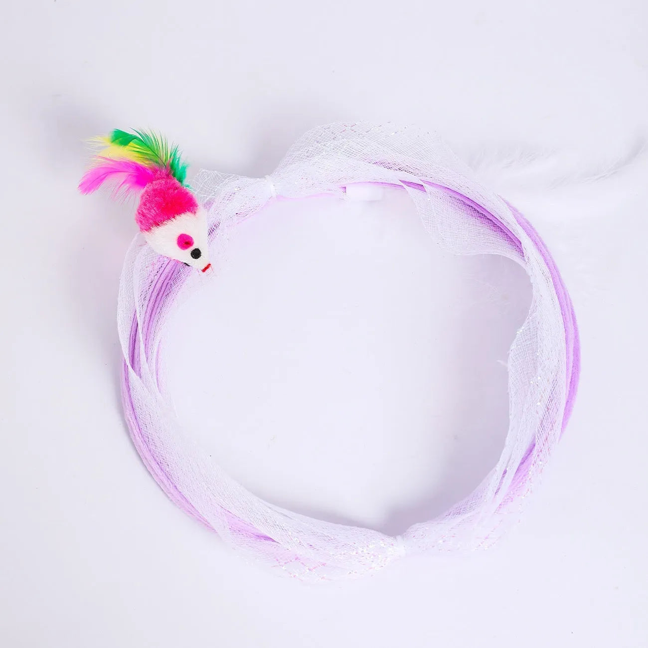 Steel frame cat tunnel toy with colourful feather attachments inside elastic net channel
