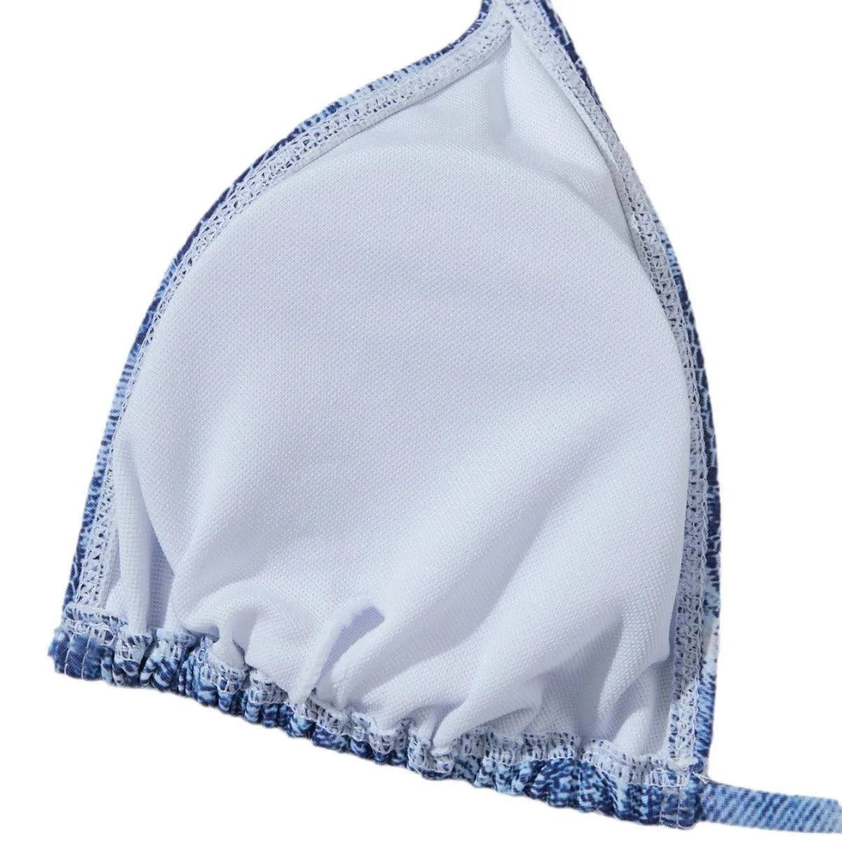 Women's denim blue printed bikini set with strap design, shown as a two-piece swimsuit.