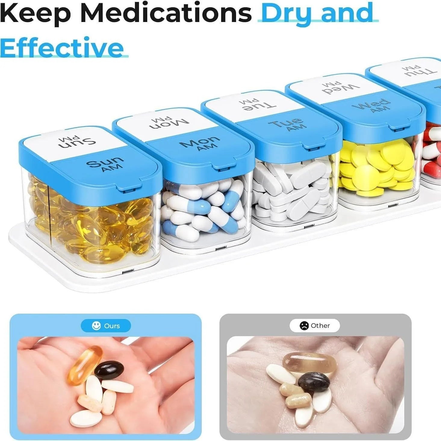 Amazon extra large pill dispenser with 14 removable compartments in white or rainbow colour