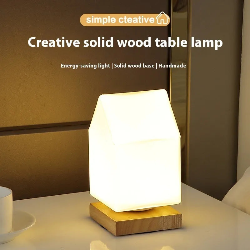 Nordic-style solid wood USB table lamp in geometric shape with touch dimming control