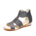 Women's flat casual sandals open toe rhinestone hollow design in black with back zipper