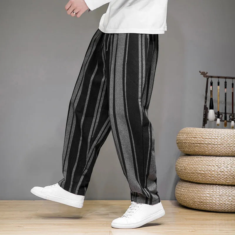 Bold stripes wide men's casual pants in navy blue, mid-waist polyester trousers for leisure