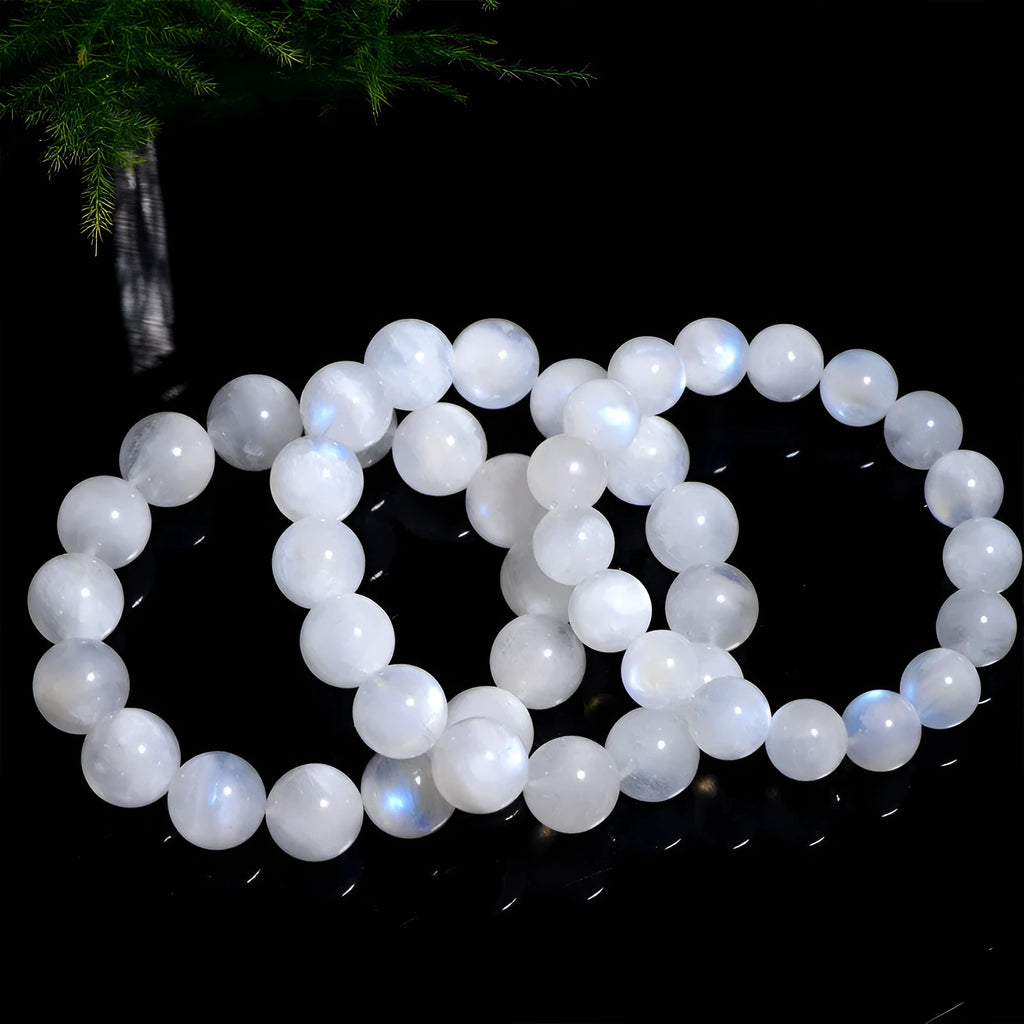 Natural blue moonlight round bead moonstone bracelet with polished finish