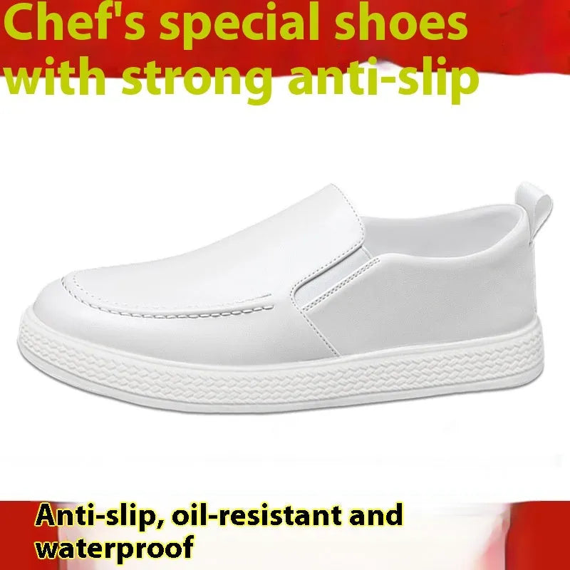 Men's summer kitchen working leather shoes in black with white bottom, round toe, solid colour flat sole