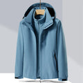 Men's black three-in-one waterproof mountaineering suit with cardigan style and removable lining for outdoor sports.