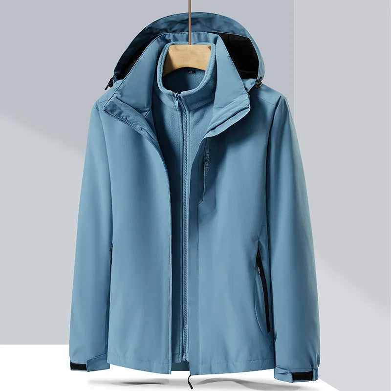 Men's black three-in-one waterproof mountaineering suit with cardigan style and removable lining for outdoor sports.