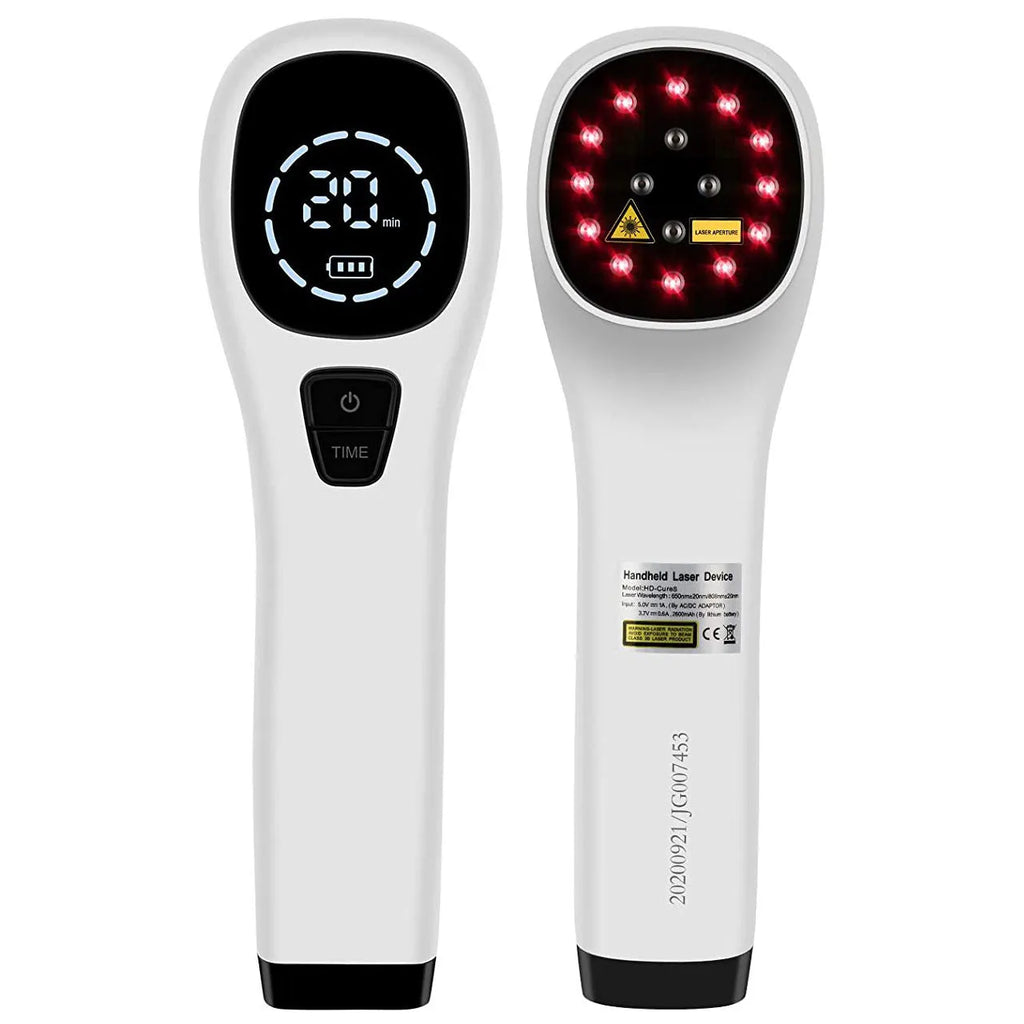 Hand-held red light therapy device in black and white with LED array, USB cable, and safety glasses on a surface