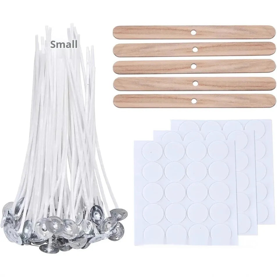 White cotton candle wicks for DIY making showing three length options: 2.6cm, 6cm, and 8cm