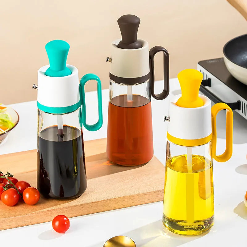 2-in-1 oil dispenser with silicone brush head and 304 stainless steel nozzle, 550ml glass bottle in yellow