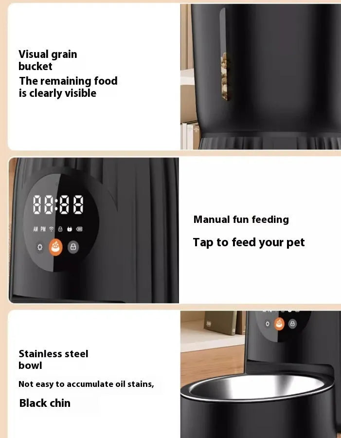 Black and white intelligent pet feeder with USB connection for automatic timed feeding