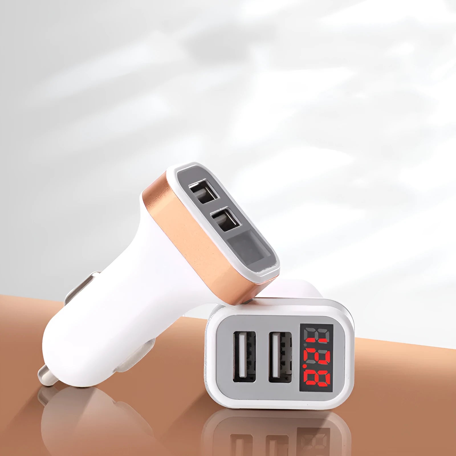 Mini digital display 2.1A car charger in silver with ABS body and USB port