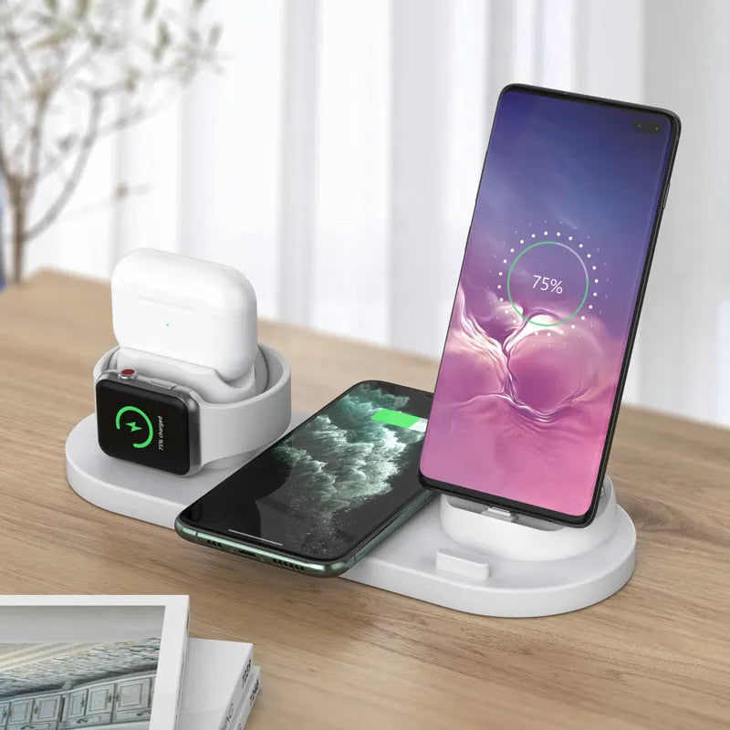 Multifunctional 6-in-1 wireless charging mobile phone holder in black with phone, AirPods and iWatch docked