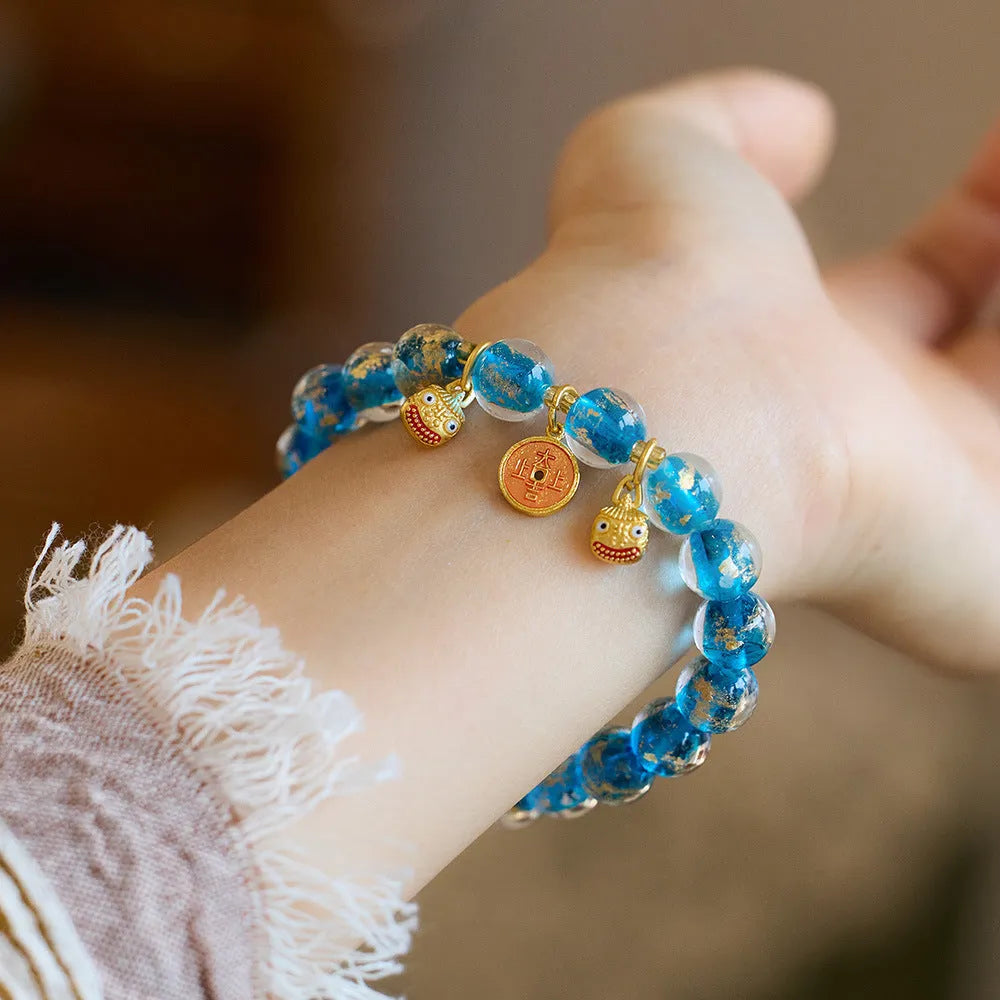 Handmade coloured glaze bracelet with gold foil swallowing gold beast motif, fragrant grey tone, geometric shape, unisex Chinese national style