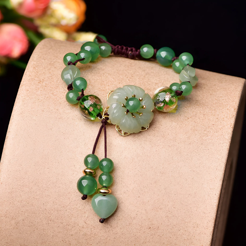 Women's Chinese style hand-woven bracelet in mixed materials with flower shape and auspicious patterns
