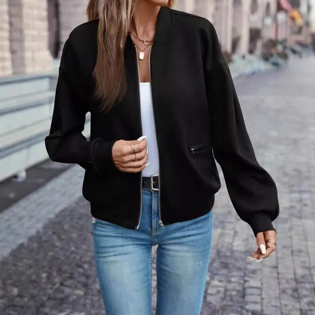 Black women's casual zip jacket with long sleeves and polyester fabric