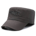 Men's adjustable flat-top cotton peaked cap in army green colour showing dome crown design