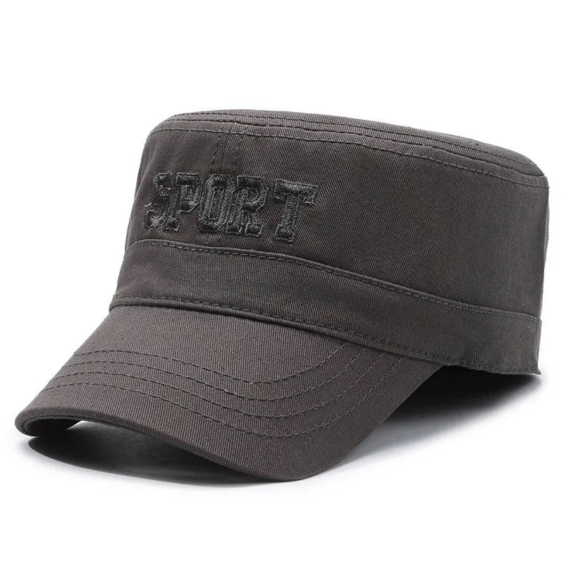 Men's adjustable flat-top cotton peaked cap in army green colour showing dome crown design