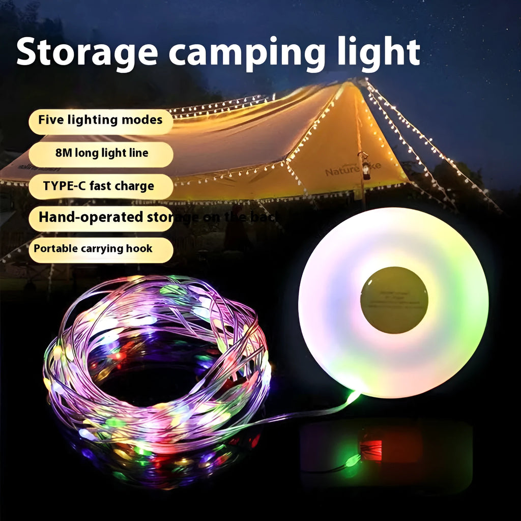 Rechargeable 8-metre 30-LED outdoor tent string light with warm and colourful light modes