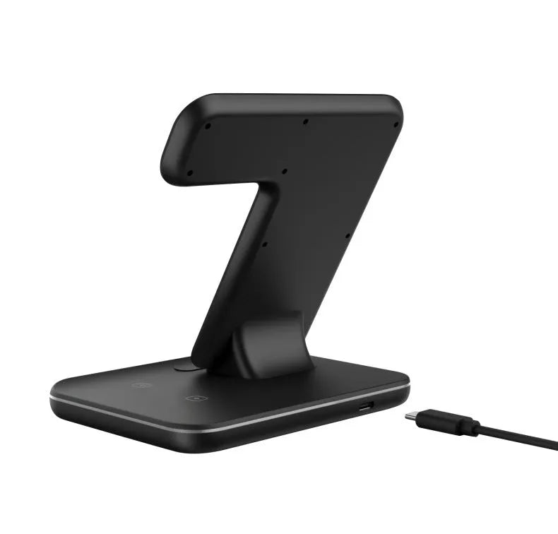 Three-in-one wireless charger stand 15W for phone watch headset in black on desktop