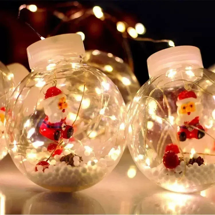 LED Christmas curtain lights with 10 fairy wishing ball lamps showing snowman, Christmas tree and elder designs
