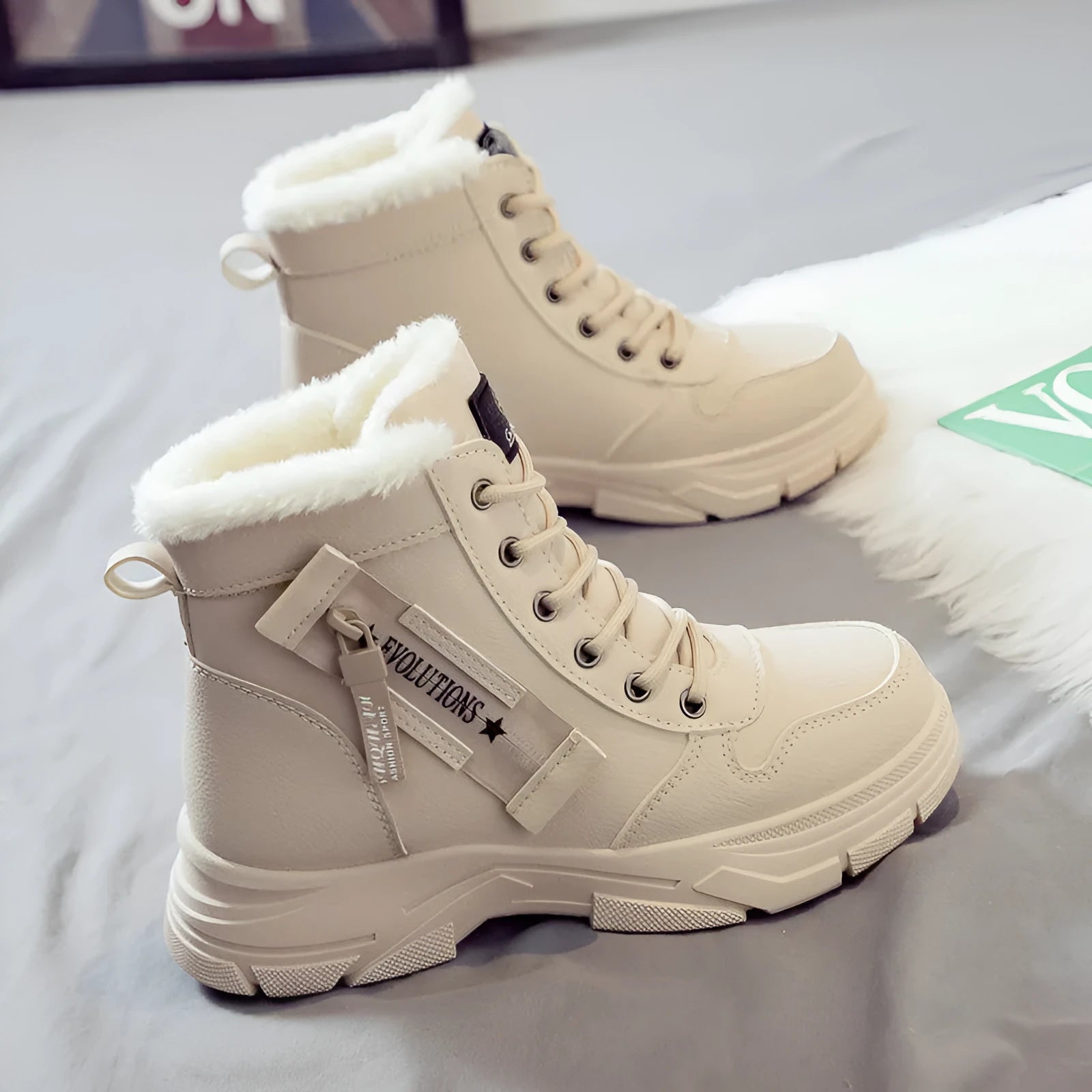 Plus size women's snow boots in khaki with velvet lining, front lace-up, rubber sole, and mid heel