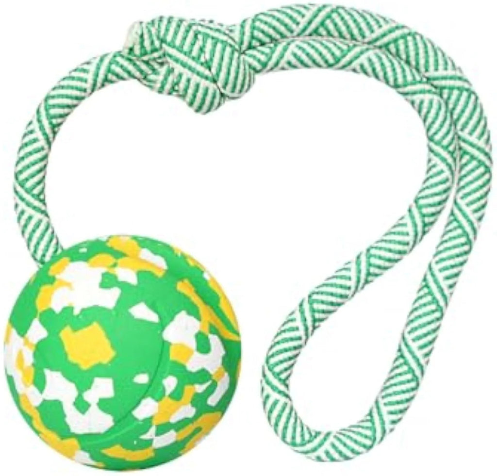 Dog rope ball toy with a solid rubber ball and nylon rope for fetch and tug games