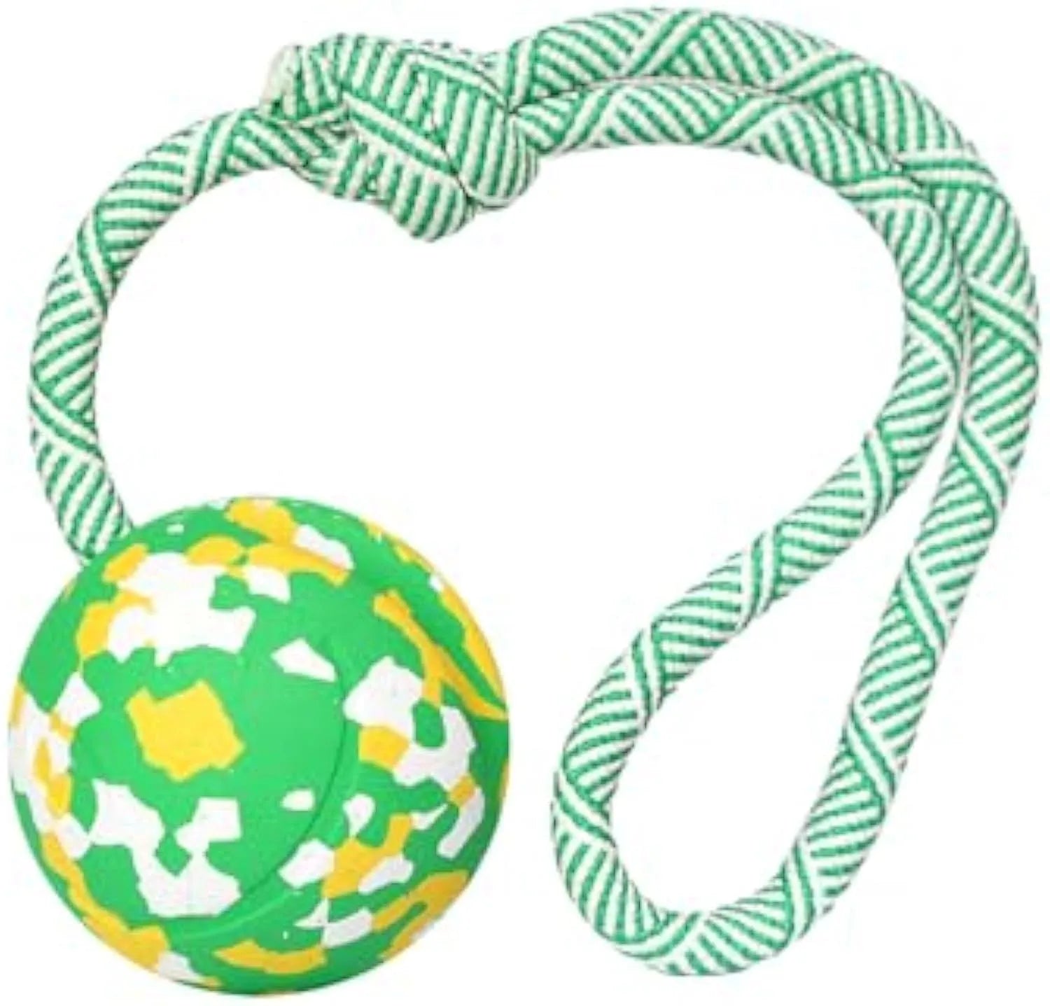 Dog rope ball toy with a solid rubber ball and nylon rope for fetch and tug games