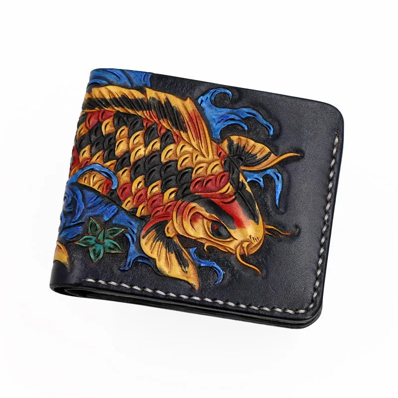 Men's hand-carved cow leather short bifold wallet in red, shown open.