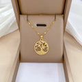Gold-plated necklace with rhinestone lucky tree pendant featuring mother-of-pearl shell accents on stainless steel chain