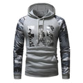 Men's long sleeve camouflage print hooded sweatshirt in black, front view