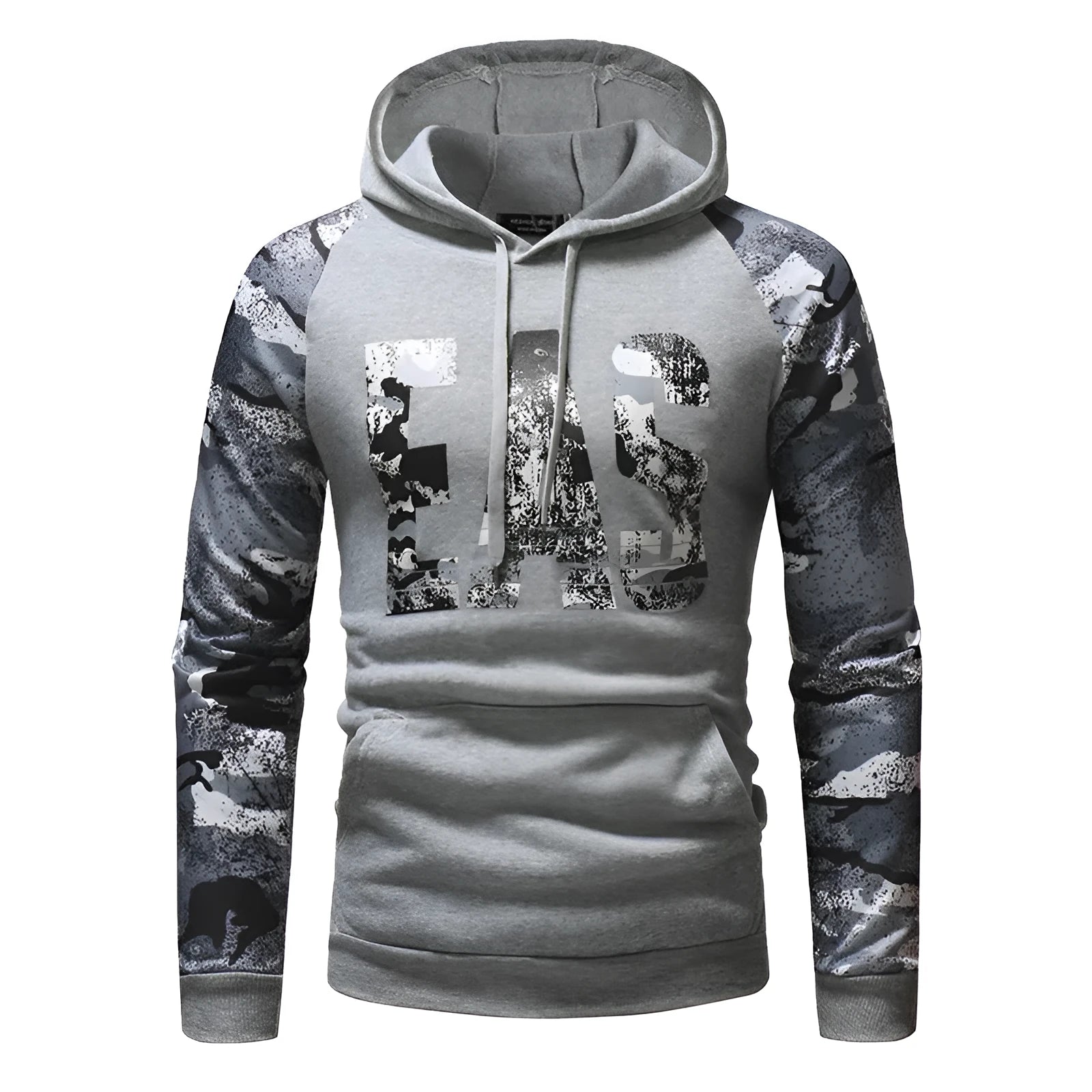 Men's long sleeve camouflage print hooded sweatshirt in black, front view