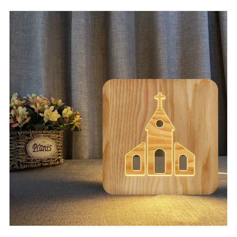 Solid wood hollow night lamp with warm white LED light, compact rectangular design