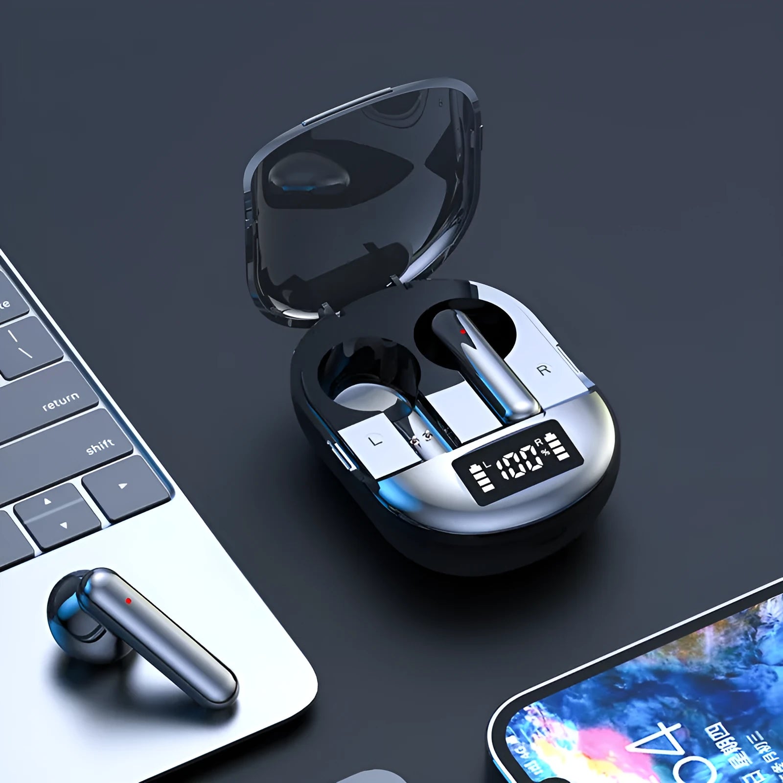 Black and white wireless Bluetooth headset with digital display screen and charging bin