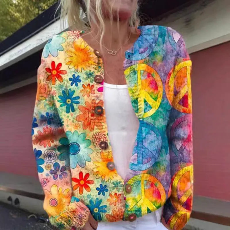 Fashion printed cardigan knit jacket for women, long sleeve, unisex style, polyester, sizes S-5XL, five colours