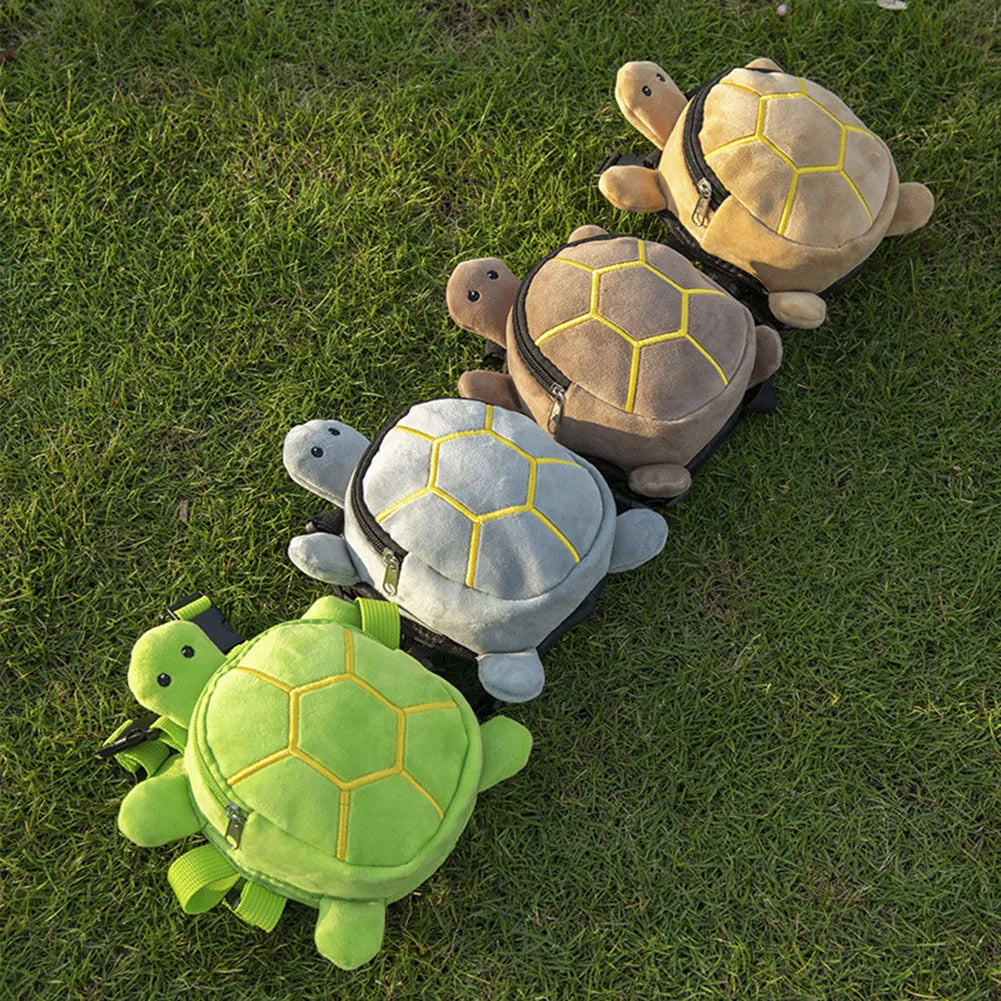Turtle-shaped dog backpack harness vest with metal zipper in grey, green, brown, or light yellow colours