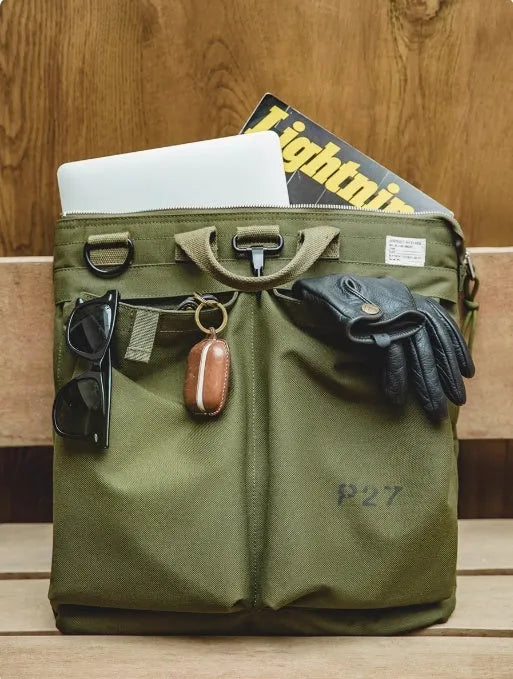 Marden Tooling retro canvas crossbody shoulder bag in military green or charcoal black showing internal phone compartment