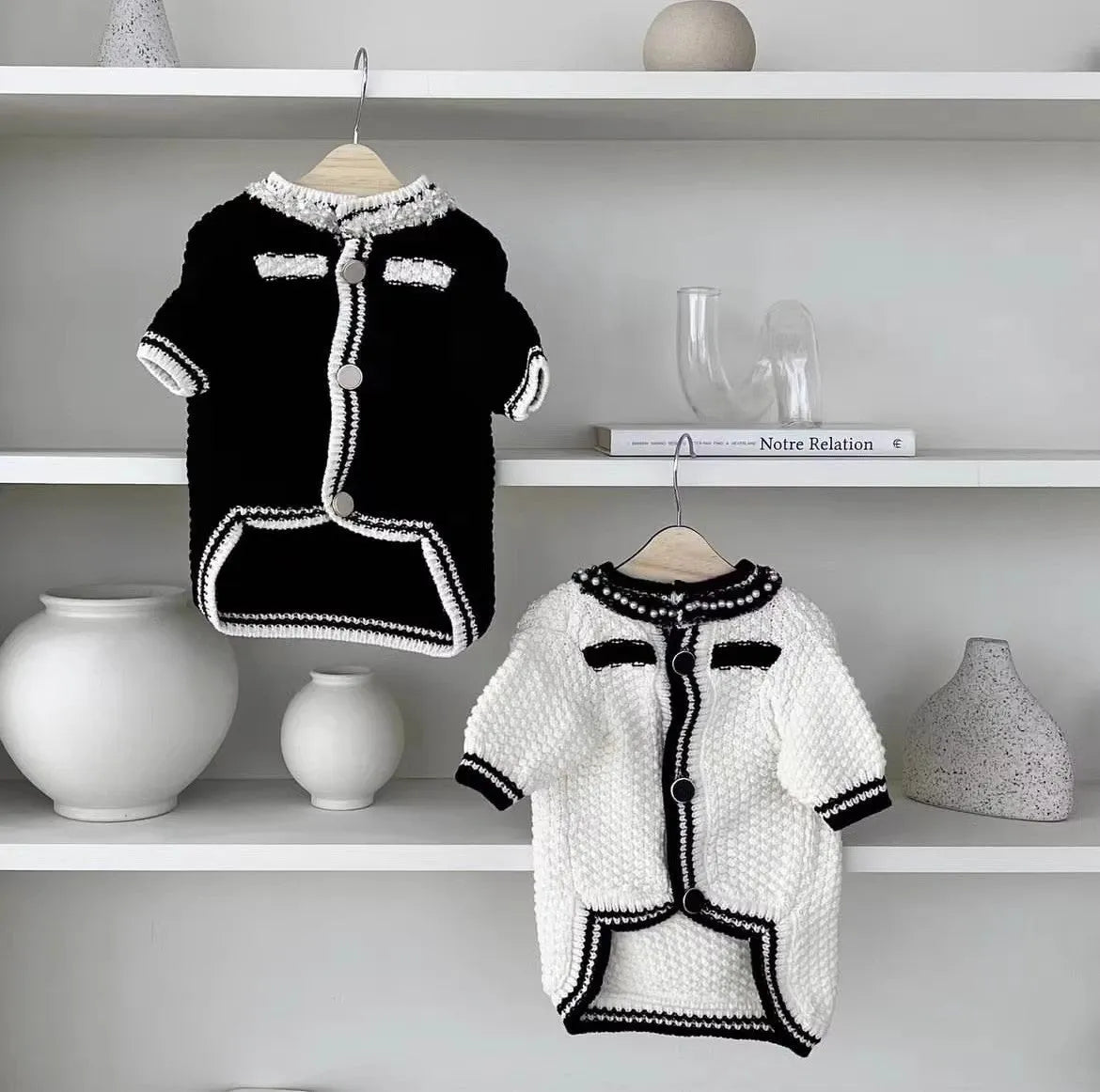 Korean style white puppy sweater with pearl collar on small dog
