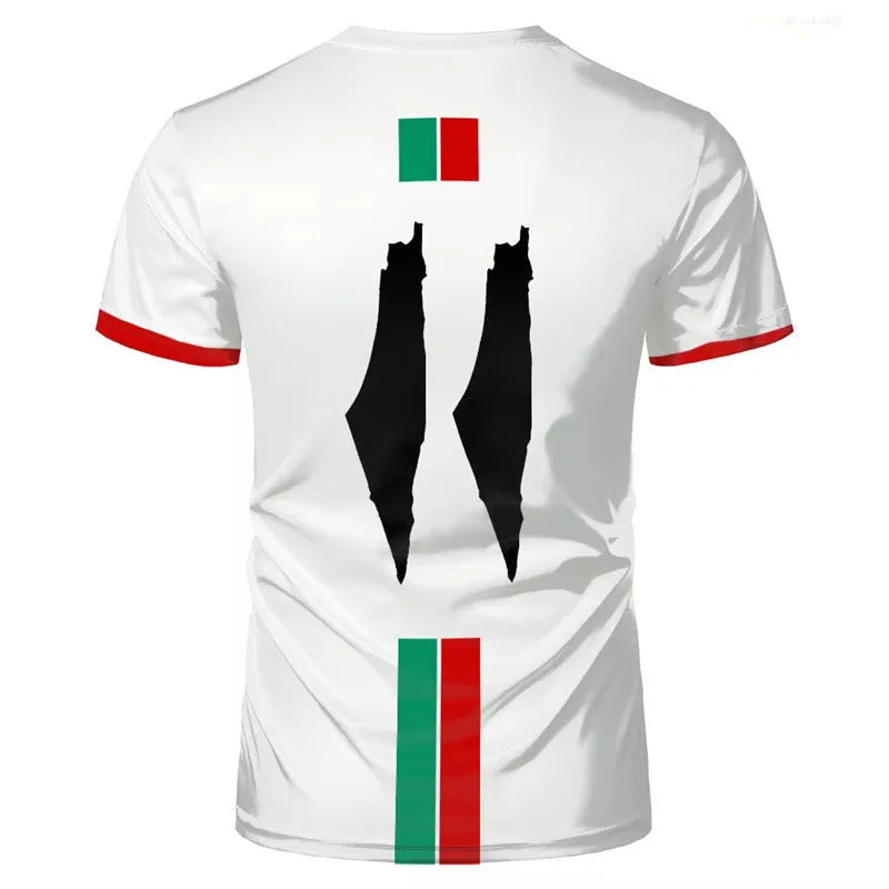Man's black 3D printed football graphic T-shirt with half sleeves on a hanger
