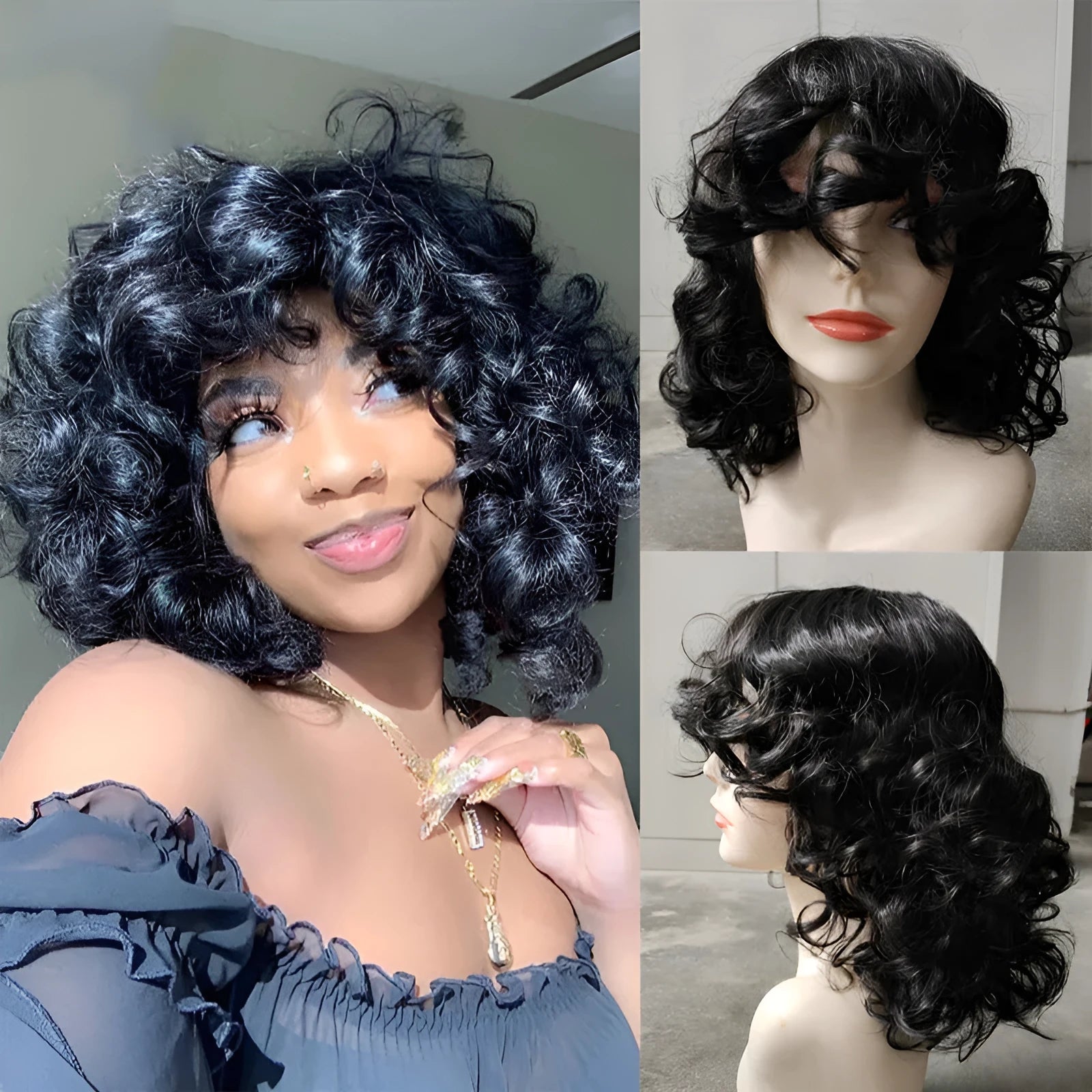 Women's black long curly Afro wig made from synthetic high temperature fibre for all face types