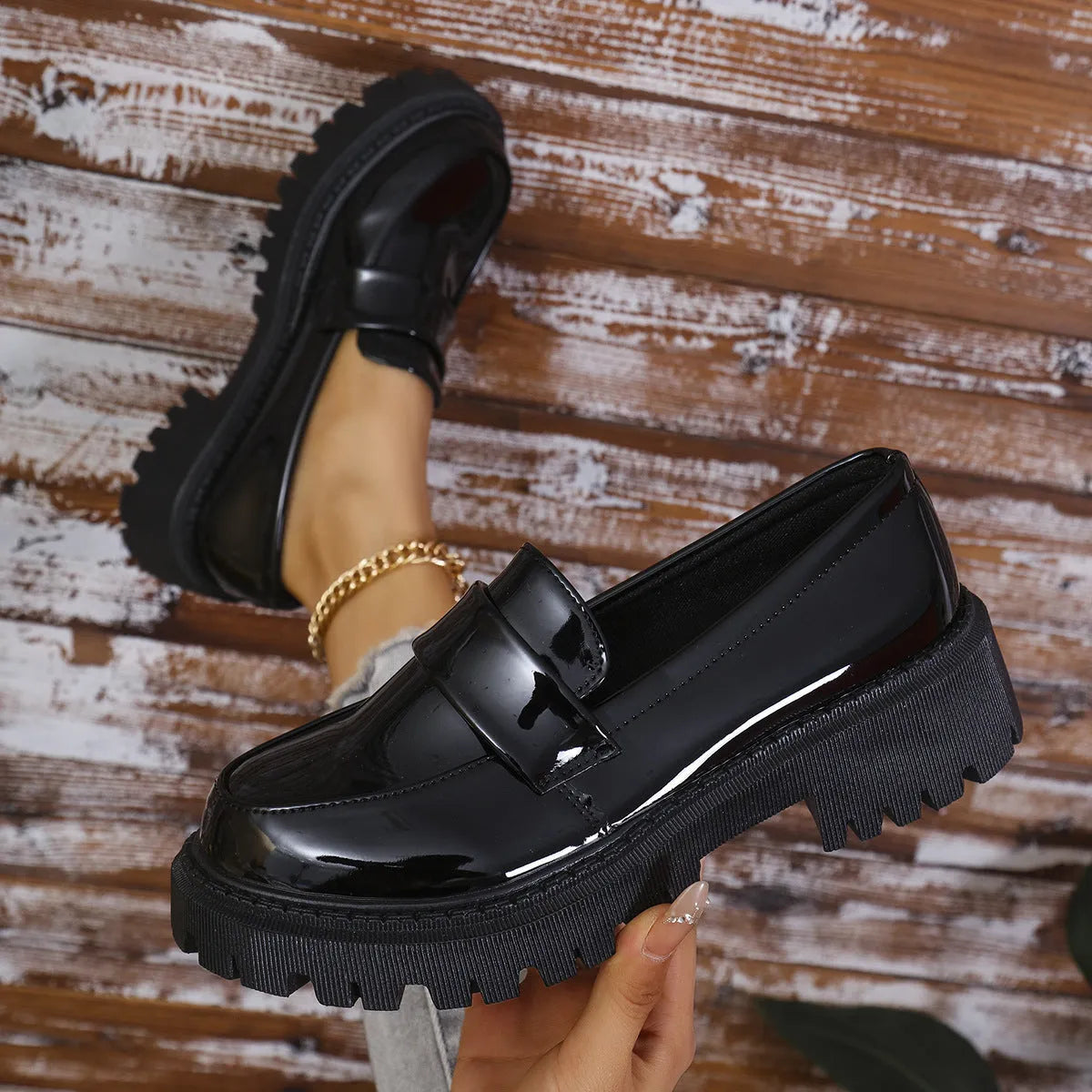 Women's chunky heel slip-on loafers in black, wine red, and green colours showing platform sole
