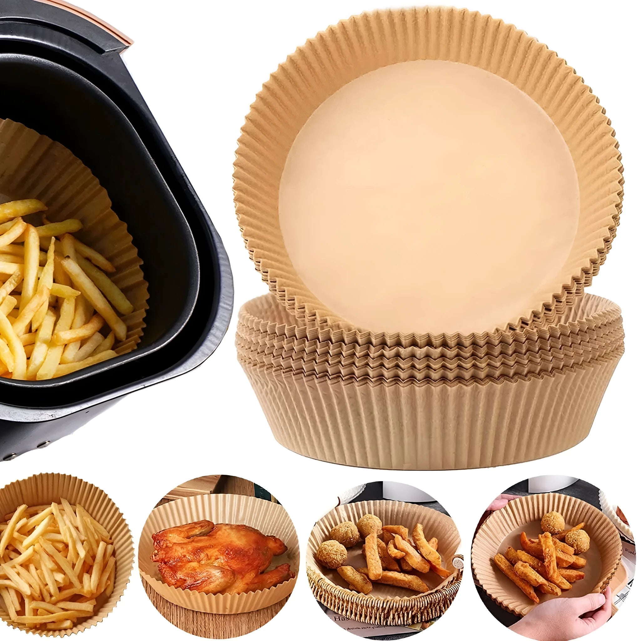 White round disposable food-grade parchment air fryer liner with 4.5cm raised edge, 16cm diameter