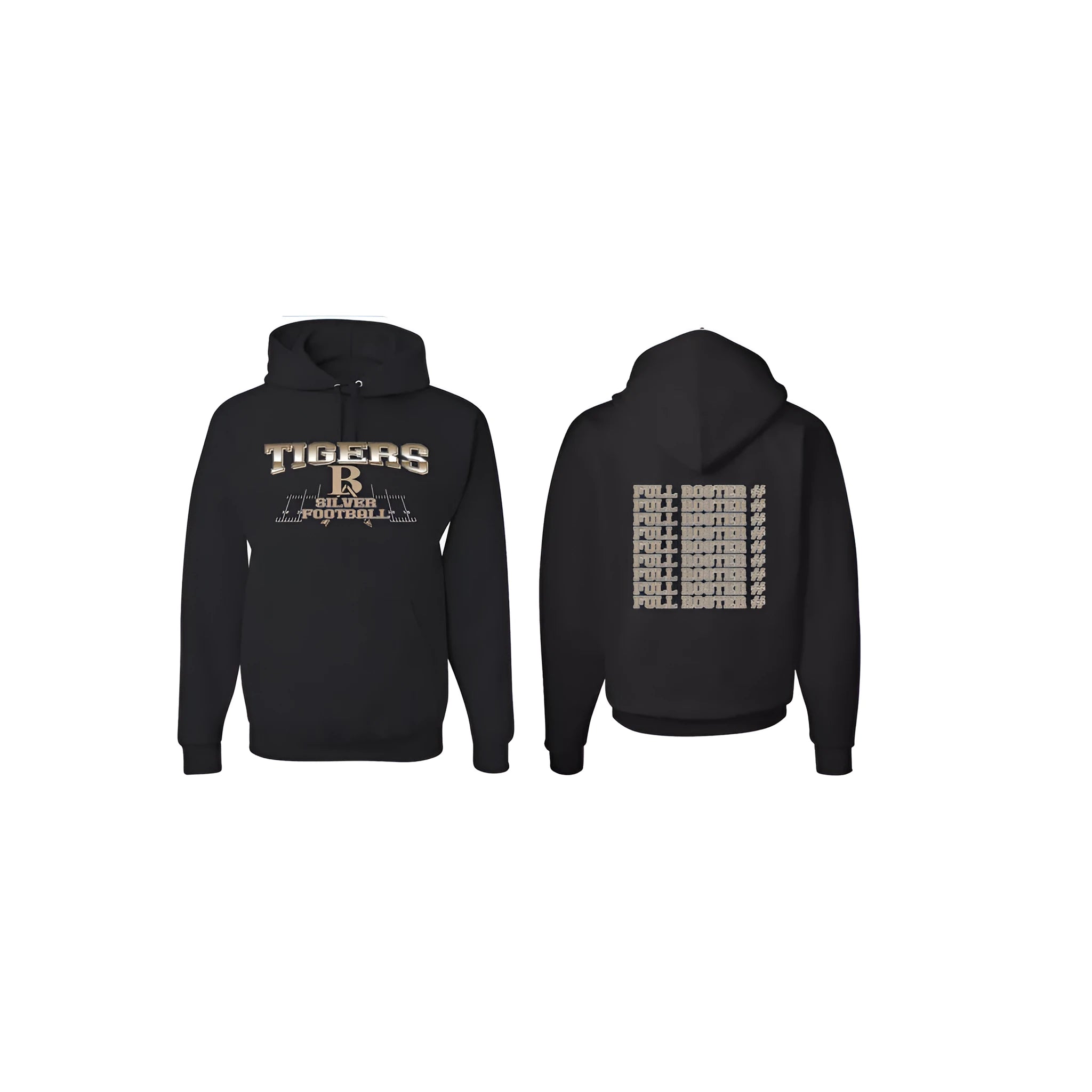 Black simple style pullover hoodie with drop-shoulder sleeves on a hanger