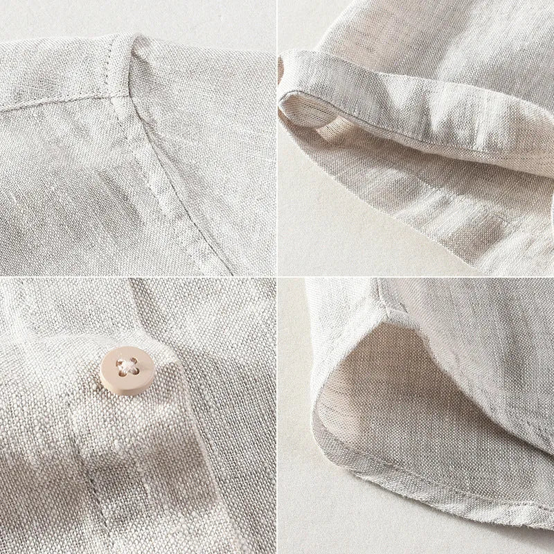 Men's casual short sleeve linen shirt with a square collar in raw jute colour